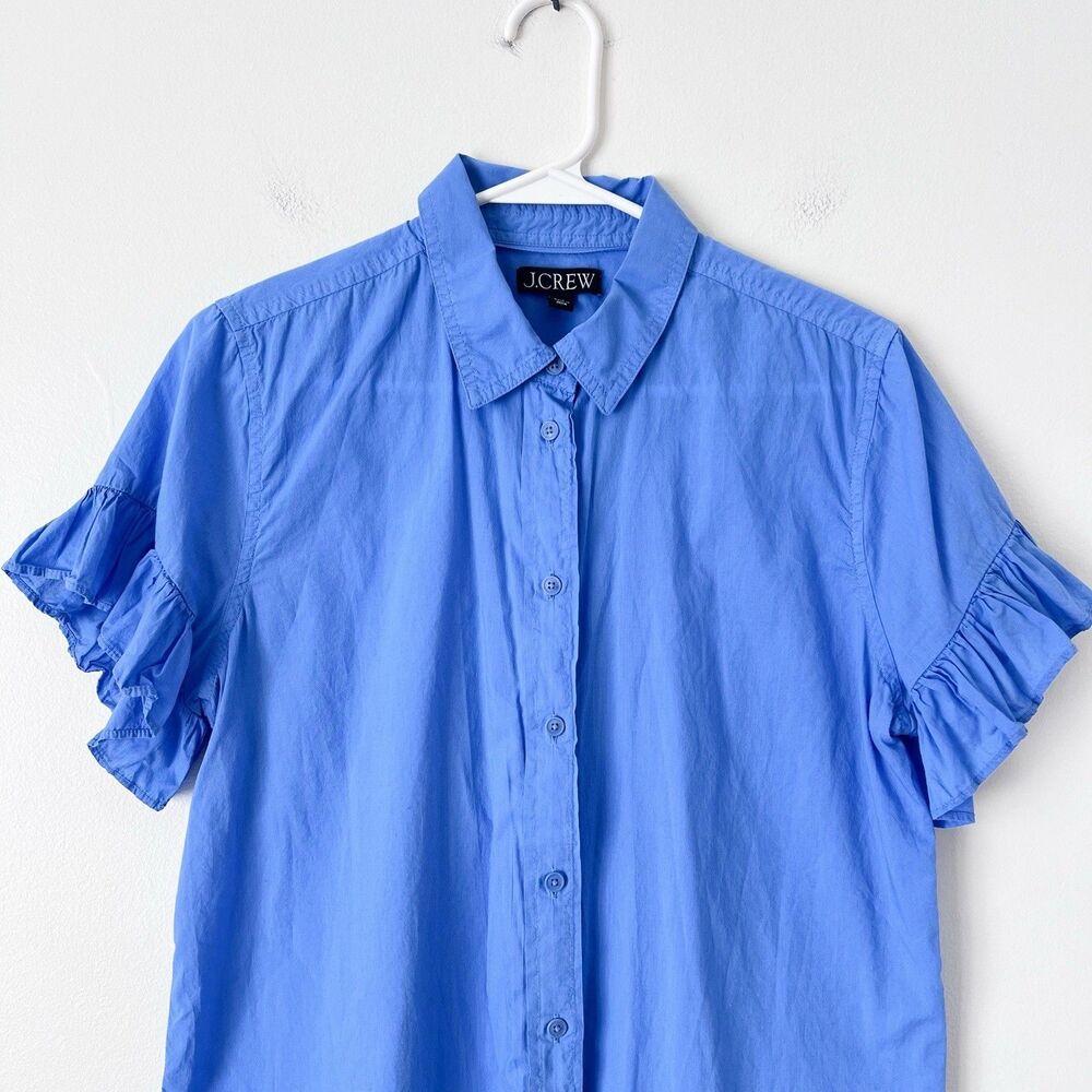 J.Crew Classic-Fit Lightweight Cotton Poplin Ruffle-Sleeve Shirt Woman’s 10 Blue - Picture 3 of 6